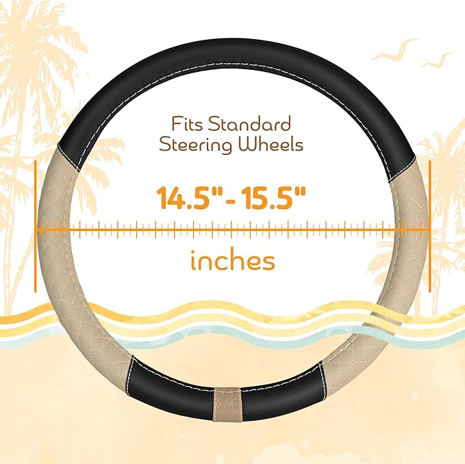 BDK C&C California Car Steering Wheel Cover Beige Diamond Quilt, Non Slip Leather Steering Wheel Cover for Women Men, Cute Comfortable Soft Easy Installation Universal Fit (Fits 14.5"-15.5" Inches)