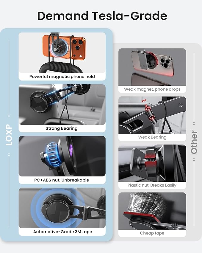 LOXP Upgrade Tesla Phone Mount [Strong Magnetic & Foldable] Aluminum Car Mount for Tesla Model 3/Y/Juniper, 360 Rotating Tesla Phone Holder Fits for iPhone 17 16 15 Pro Max, Tesla Accessories