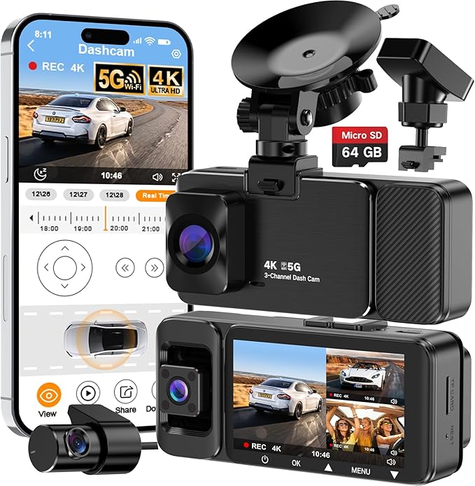 3 Channel 4K Dash Cam Front and Rear Inside, Wide-Angle 360 Camera for Car with 64GB Card Included, Durable Material Dash Camera with Loop Recording, Night Vision, G-Sensor, 5GHz WiFi, 24Hr Parking