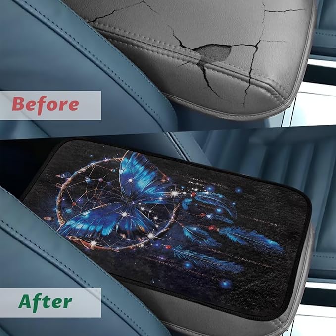 Blue Butterfly Console Cover Armrest Pad Soft Comfortable Car Armrest Cushion Anti-Slip Washable Car Center Console Lid Cover Accessories Fit Sedans,Cars,Vans,SUV,Truck