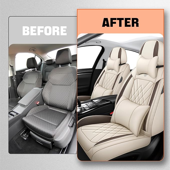 Car Seat Covers Compatible with Toyota Camry 2012-2026 Durable Waterproof Automotive Seat Covers Stretchable, Airbag Compatibility, Premium Nappa Leather(Beige Brown, 2 Pcs Front with Pillow)