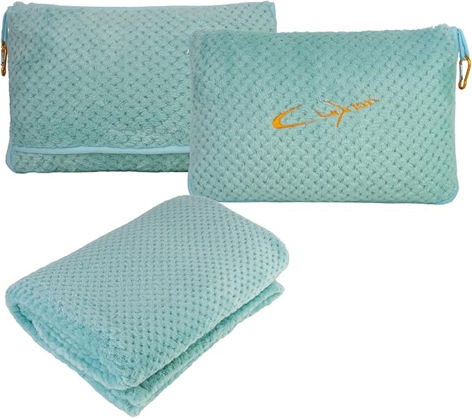Compact Travel Blanket for Airplane, Premium Soft 2-in-1 Blanket with Pillowcase and Carry Bag, Lightweight Travel Essentials with Luggage Sleeve and Backpack Clip, Mint Green