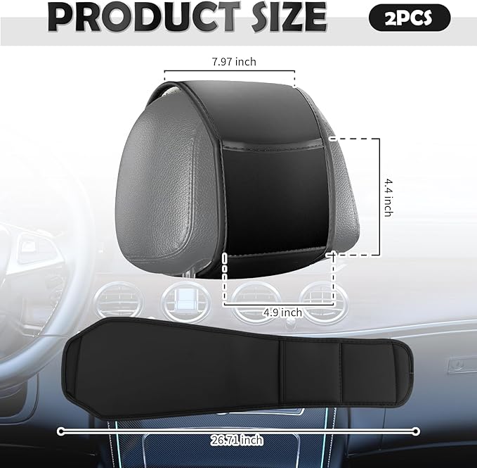 2PCS Multi-Purpose Car Headrest Covers with Pocket Design,Car Headrest Cover for Seat Back Organizer Storing Phone Cards,Universal Leather Head Rest Cover for Interior Decoration