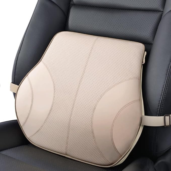 Aukee Lumbar Support Pillow for Car, Genuine Leather Memory Foam Pillow Cushion Lower Back Cushion for Car and Office Chair with Adjustable Strap (Beige)