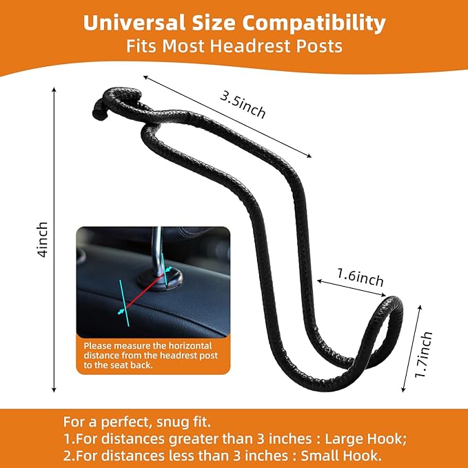 Car Headrest Hooks for Purse and Bag - 2 Pack Car Seat Hooks for Grocery Handbag, Car Interior Accessories for Men Women, Heavy-Duty Metal Car Purse Holder Covered by Leather - Black Leather/2L