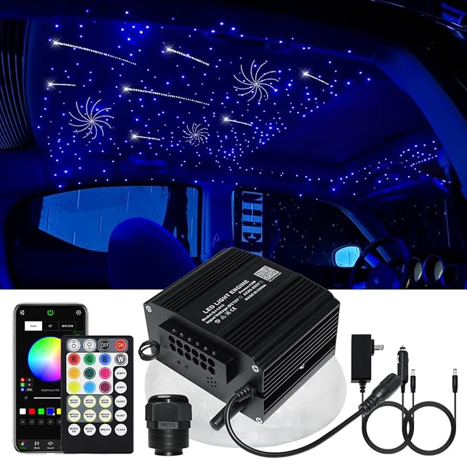 AZIMOM 2-in-1 Twinkle Meteor Fiber Optic Starlight Headliner 450pcs 0.03in 9.8ft Twinkle Stars+240pcs Shooting Star Sound Mode APP& Remote Control Starlight Meteor Kits for Car Home Ceiling
