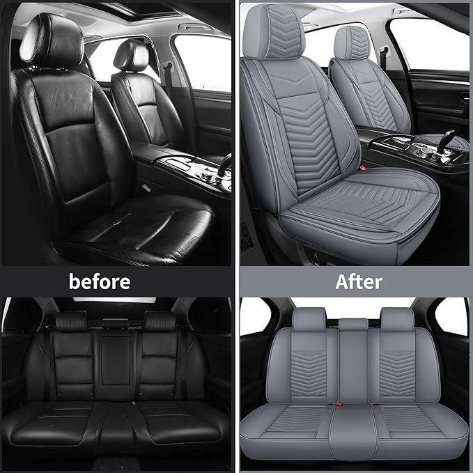 Nappa Leather Car Seat Covers Full Set, Gray Car seat Protector 5 Seats, Waterproof Car Seat Cushion, Universal Automotive Seat Covers Fit for SUV Truck Pick-up Sedan, Front and Rear
