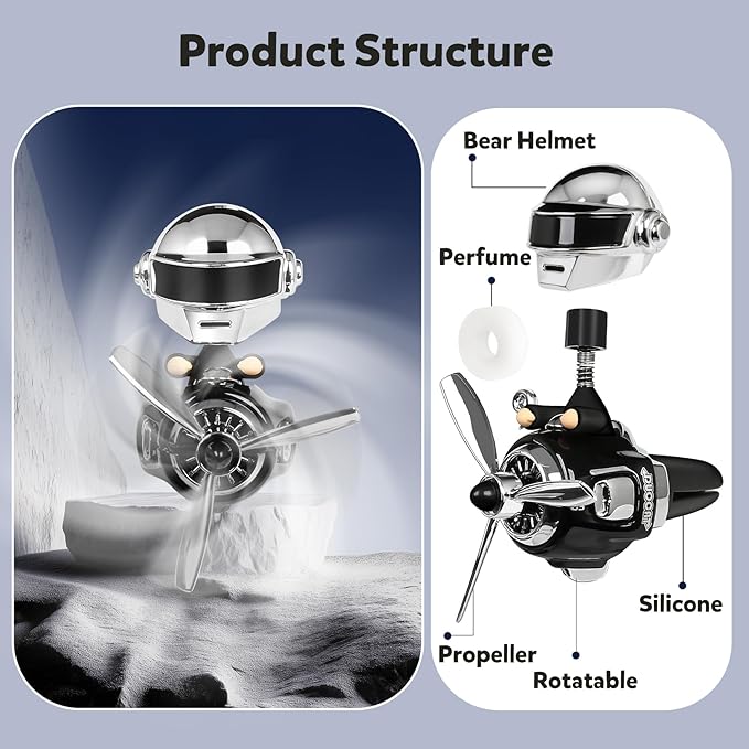 Bear Pilot Car Fresheners Vent Clip Cute Teddy New Car Scent Automotive Air Fresheners Cartoon Air Outlet Aromatherapy Ornament Valentine's Gifts for Him Her Friends, Families (Silver)