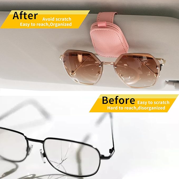 Yuoyar Sunglass Holder for Car, Magnetic Leather Sunglasses Holder and Ticket Card Clip, Car Visor Accessories, 2 Packs (Pink)