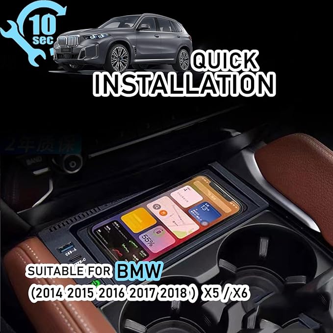 Wireless Car Charger with 15w Wireless and 27w USB Qc 3.0 Fast Charging for BMW X5/X6 2014-2018 Center Console Charging Pad Mat Interior Accessories