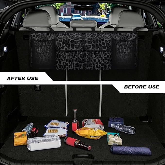 Car Trunk Organizer Small SUV Trunk Organizers and Storage, Balck Leopard Print Car Organization Women Stylish Car Accessories with 4 Pockets, Leave Room for Buying and Shopping