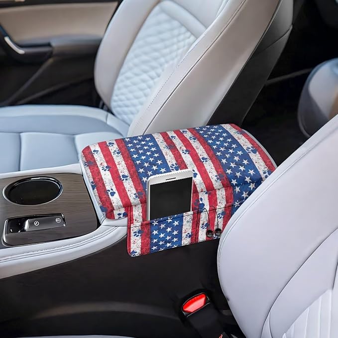 Car Center Console Cushion with Side Storage Bag, American Paw Easy Install Car Interior Accessories, Universal Armrest Cover Protector Arm Rest Pad for Car Seat Box