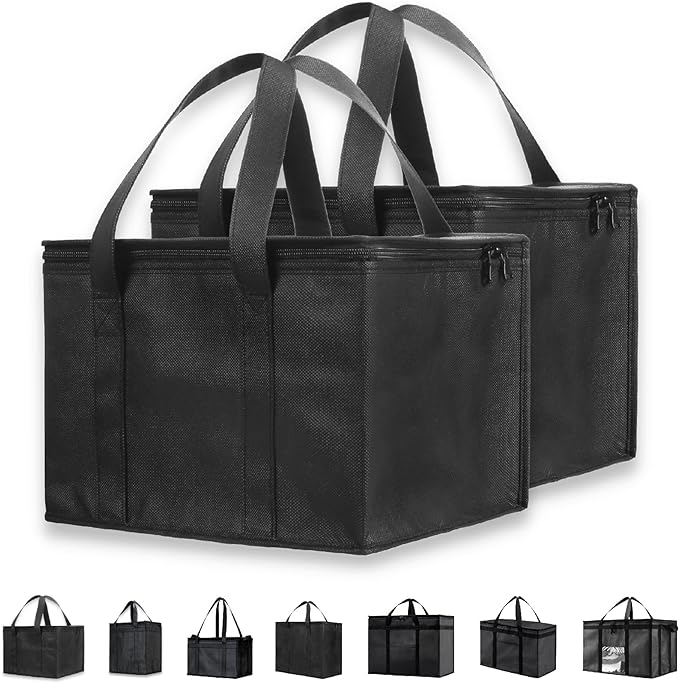 NZ home Insulated Bags for Food Delivery (Medium) Grocery Shopping Cooler Bag, Pizza Delivery, Hot & Cold Catering Tote, Reusable, Foldable & Heavy Duty (2 Pack, Black)