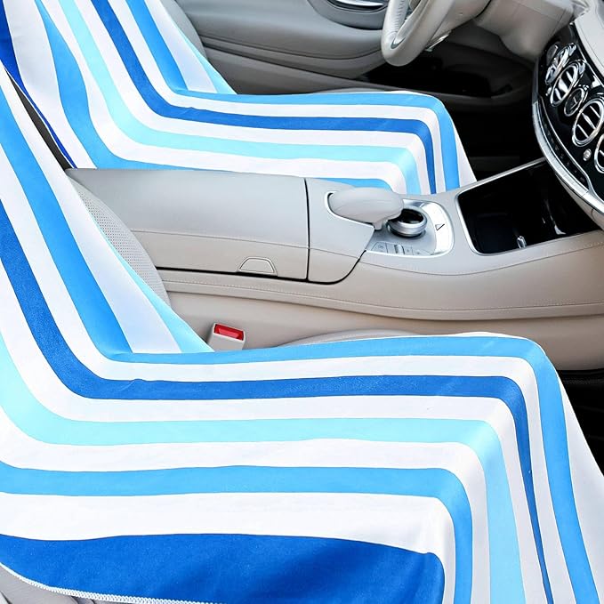 2 Pack Car Seat Towel Covers with Storage Bag 63 x 32 Inch Athletic Running Towel Seat Sweat Washable Non Slip Cover Gift for Car Outdoor Sport Activities (Blue Vertical Stripes)