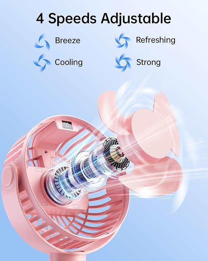 SWEETFULL Portable Stroller Fan with LED Display, 4 Speed Rechargeable Mini Clip On Fan, 360° Rotate Flexible Tripod Better Cooling Small Baby Fan for Car Seat Crib Travel Bike Treadmill (Pink)