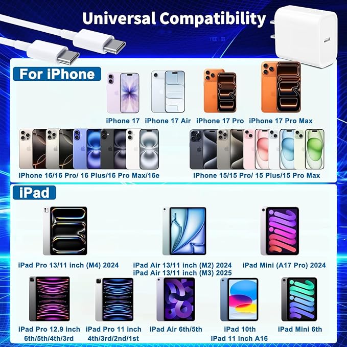 [3 Pack] Long 10FT iPhone 17 Charger 20W Fast Wall Charger Block,[Apple MFi Certified] 10Foot USB C Cable Fast Charging for iPhone 17 Pro Max/17 Pro/Air/iPhone 16 Pro/16 Plus/16E/15 Pro,iPad 2018-2025