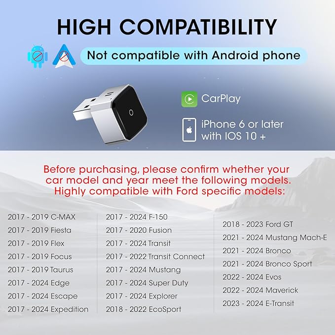 Wireless Carplay Adapter for iPhone, Convert Wired to Apple Carplay Wireless Adapter, Mini Size, Plug and Play, Connection Stable No Delay Car Play for Ford Specific Models