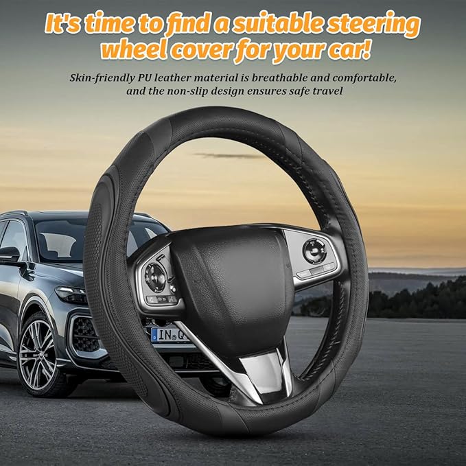Car Steering Wheel Cover, Breathable Soft Leather Vehicle Wheel Cover Protector for Men Women, Non-Slip Automotive Interior Protection Accessories, Universal for Most Vehicles (Black)