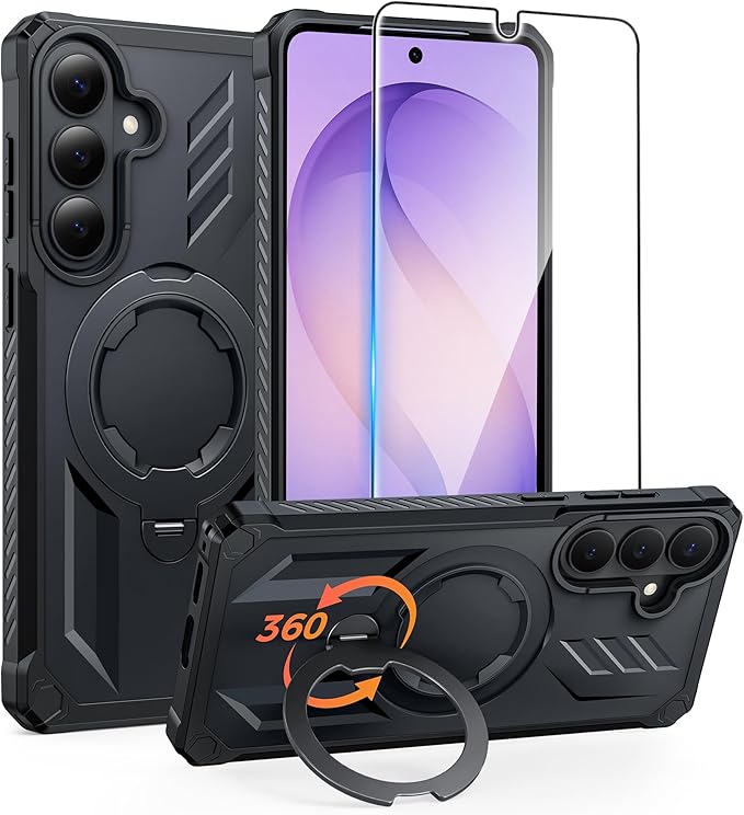 FNTCASE for Samsung Galaxy S26 Case: with [Magnetic Ring Kickstand] [Screen Protector] [Compatible with MagSafe] [Military-Grade Drop Protection] Dual-Layer Protective Textured TPU Phone Cover Black