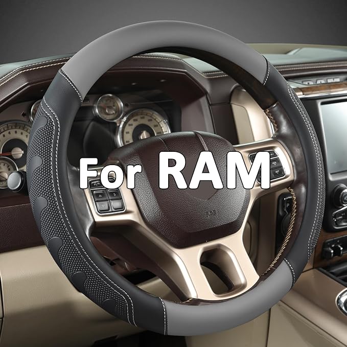 GIANT PANDA Car Steering Wheel Cover for RAM 1500 2500 3500, Compatible with Dodge RAM 15.5-16 inches - Black+Gray