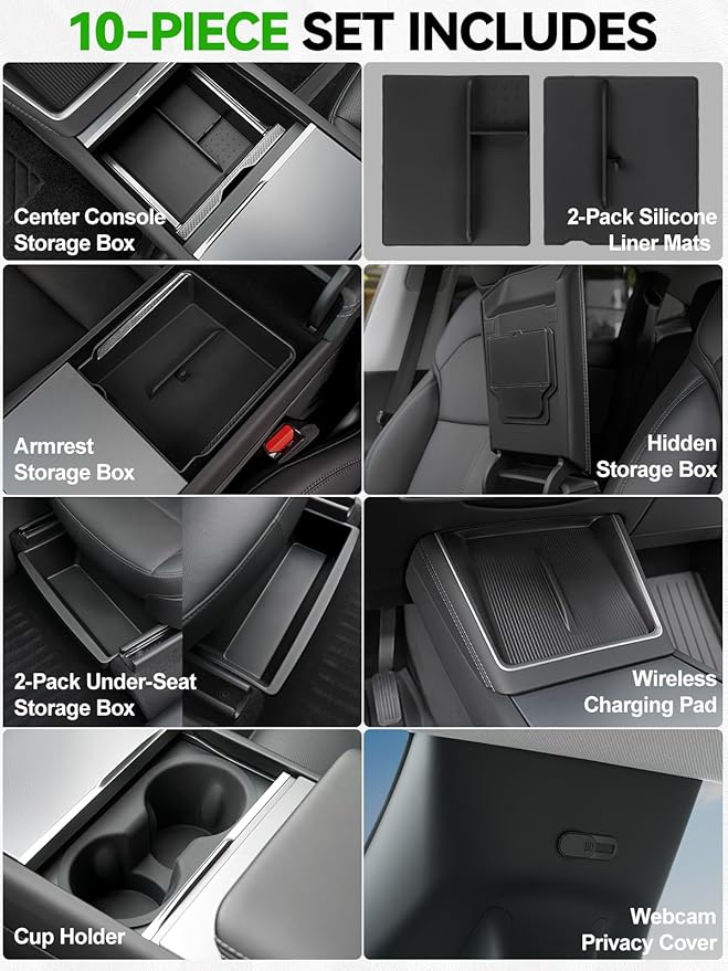 10PCS Center Console Organizer Tray for 2025 2026 Tesla Model Y Juniper Accessories, Under Seat Storage Armrest Hidden Storage Box Cup Holder Charger Pad for Tesla Model Y Juniper (Not fit Standard)