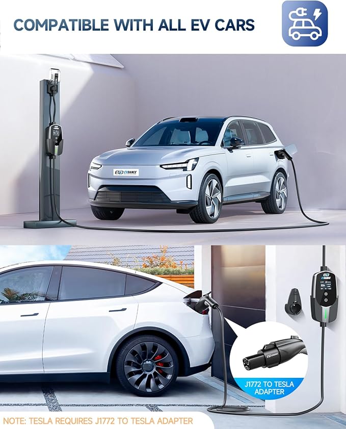 EVDANCE Level 2 EV Charger - Portable 32A EV Chargers NEMA 14-50 with 25ft Cable, Adjustable Current/Delay Charging for Electric Car Charger