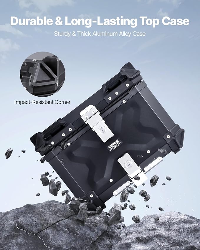 VEVOR Motorcycle Top Case 45L, Universal Aluminum Alloy Motorbike Tail Box with Leather Lining, 45L Waterproof Detachable Motorcycle Top Box with Lock & Back Cushion, Fit for 99% of Motorcycle Frames