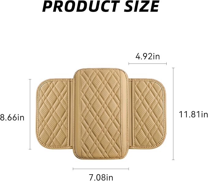 Car Center Console Cover, Leather Vehicle Arm Rest Cushion with 2 Storage Bags, Automotive Armrest Interior Seat Box Pad Accessories, Universal for SUV, Sedan, Truck (Beige)