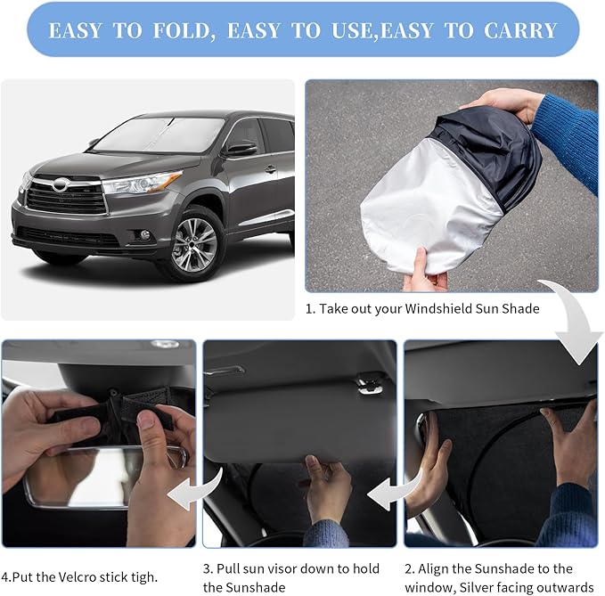for Toyota Highlander 2014-2019 Sun Shade Sunshade Windshield Cover, 4-Layer Front Window Shade Custom Fit Highlander Sun Visor 240T Foldable Shade Sun Blocks UV Rays Cooler Car Accessories