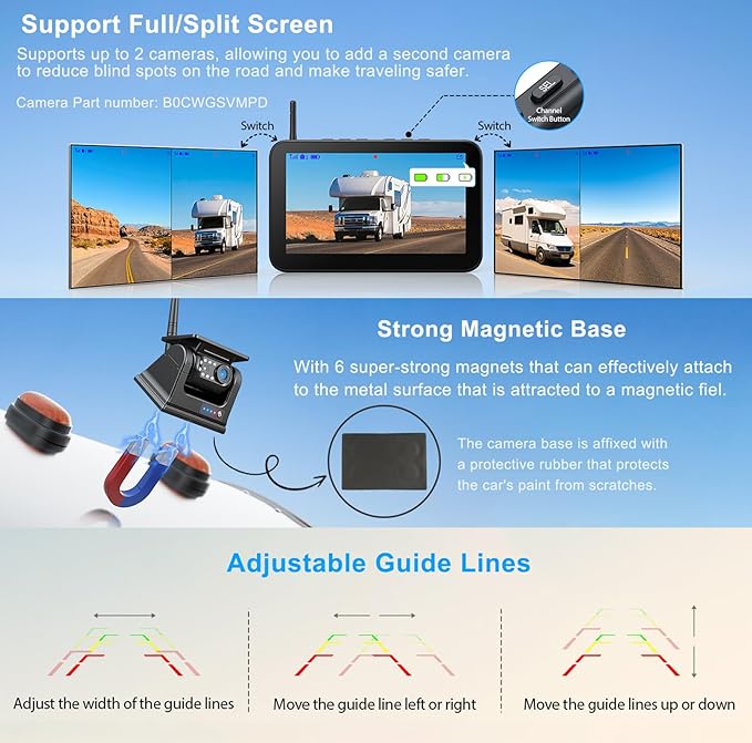 7" Magnetic Solar Wireless Backup Camera System, HD1080P Loop Recording 7 Inch Monitor with Dual RV Backup Cameras Wireless System for Hitch Towing Travel RV Trailer Tractor Truck, BD702