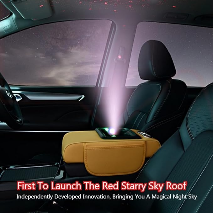 Car Armrest Pad Cover with Red Starry Sky LED Projection, Dual Type-C Charging Ports, Leather Car Center Console Cushion with Cup Holder, Tissue Holder (Red Starry Sky LED Projection, Orange)