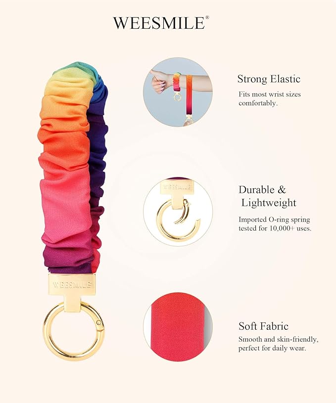 WEESMILE Keychain Wristlet, Stretchy Key Chain for Car Keys with D ring, Cute Scrunchie Wrist Bracelet for Women Men