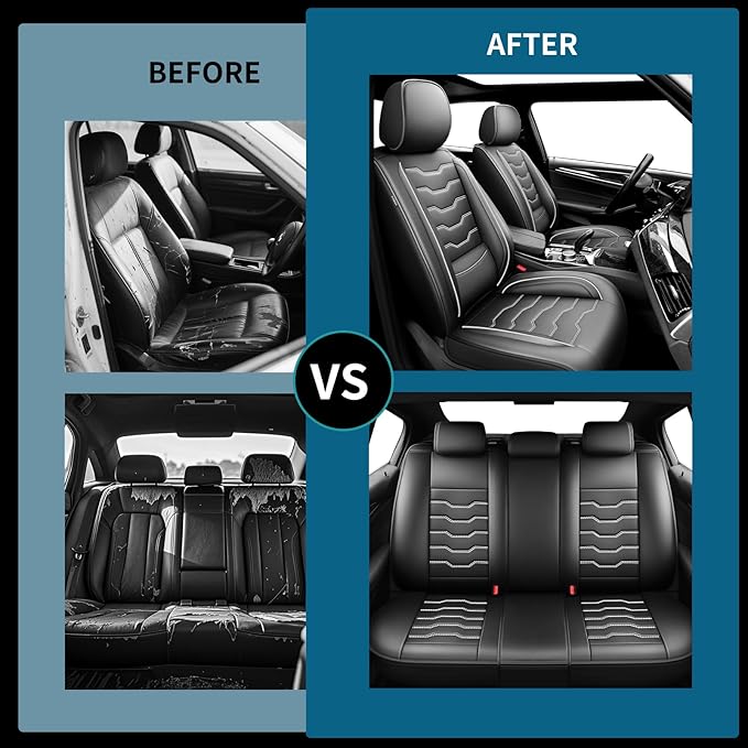 Fit Prius Car Seat Covers for Toyota Prius 2001-2025 2026 -Full Set Premium Leather, Waterproof, Breathable，All-Weather Seat Cushion Protecto & Airbag Compatible, 5-Seats White Line Black