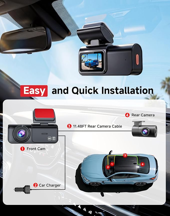 AXB Dash Cam Front and Rear: 4K+2.5K Dashcam with 5G WiFi APP Control & 64GB Card - Dual Dash Camera for Cars with 24H Parking Mode Night Vision Loop Recording Emergency Lock (V3)