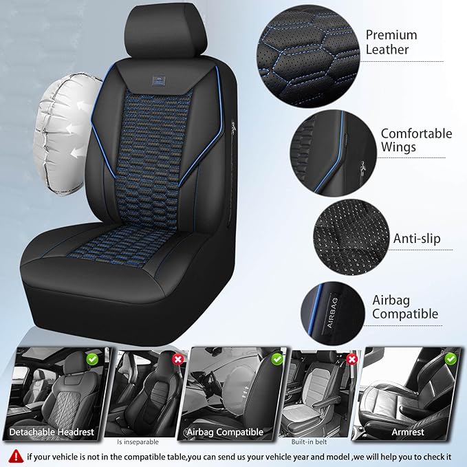 CAR PASS 3D Foam PU Leather Car Seat Covers Full Set,Luxury Breathable Faux Leather Seat Covers for Car,Anti Slip Universal Fit for SUVs Vans Sedan Truck Auto,Armrest Airbag Compatible,Black and Blue