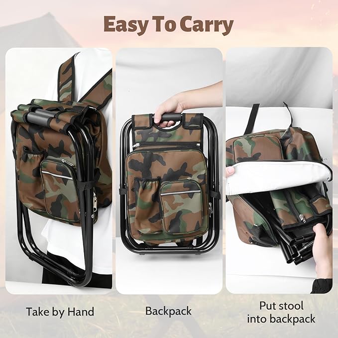 Folding Camping Chair Stool Backpack with Cooler Insulated Picnic Bag, Portable Hunting Fishing Multifunction Chair for Outdoors Hiking Hunting Travel (Camouflage)
