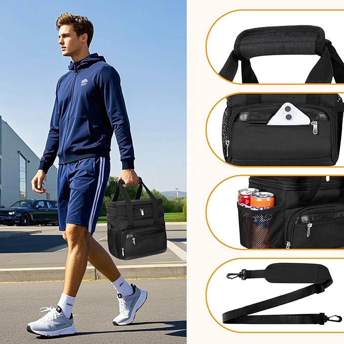 Insulated Lunch Box for Men & Women - Double Layer Leakproof Lunch Bag with Adjustable Shoulder Strap, Expandable Food Cooler for Work, Office, Travel, Camping (Black)