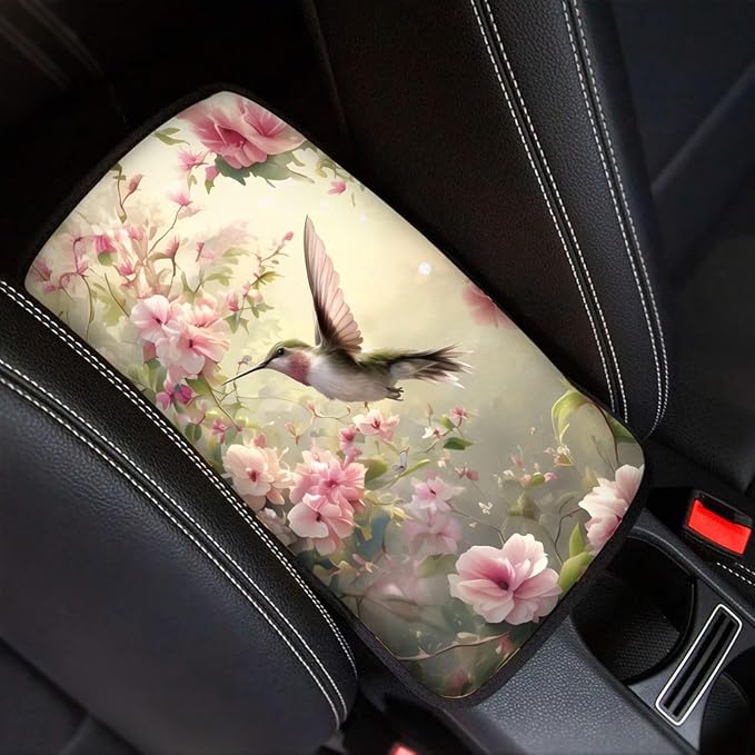 Flower Hummingbird Armrest Cover Pad for Car Soft Car Center Console Cushion Pad, Protect from Pet Claws, Sticky Fingers, Hummingbird Automotive Accessories