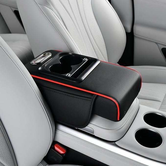 Armrest Box Pad for Car w/Type-C Charging Interface, Car Center Console Cover w/Cup Holder, Interior Car Accessories (Black-Red)