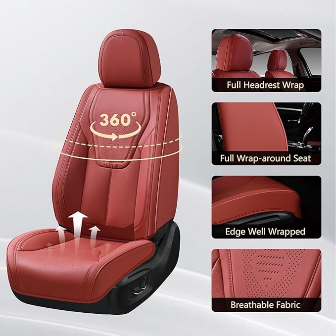 FLORICH Front Seat Covers for Cars, Luxury Waterproof Faux Leather Seat Covers Cushion, Car Seat Protectors Universal Fit for Most 5 Seats Vehicles - Red