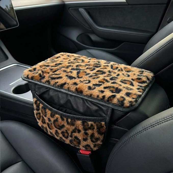 Plush Leopard Print Car Center Console Cover with Side Pockets, Fluffy Armrest Cushion Pad,Soft Cheetah Car Interior Decorations Accessories with Storage for Women,Universal Fit for Vehicles SUV Truck