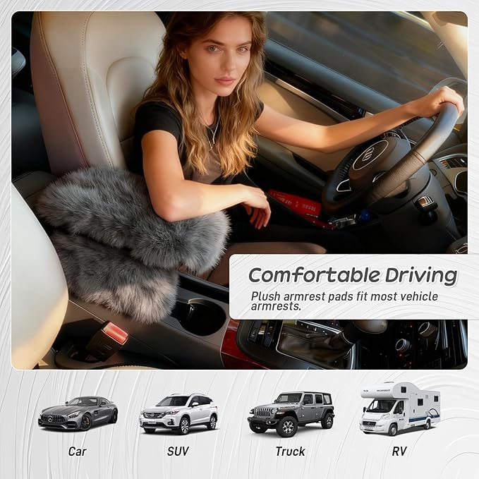 Fluffy Car Armrest Cover with Side Pockets – Plush Fuzzy Fur Center Console Armrest Cushion Pad, Universal Winter Car Interior Protector, Soft Arm Rest Cover with Storage for Women & Men (GRAY)