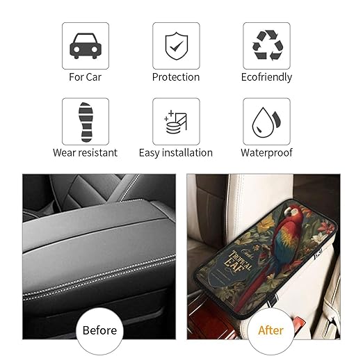Tropical Leaves and Flowers Car Auto Armrest Cushion Cover Accessories Center Console Seat Box Pad Protector Universal Decoration for Most Vehicle SUV Truck