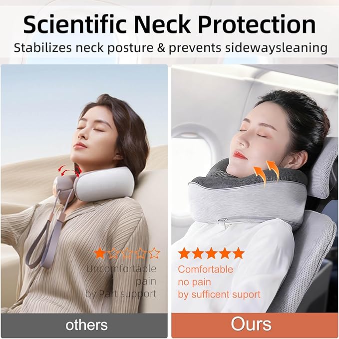 Travel Neck Pillows for Airplanes- 360° Support Memory Foam Travel Pillow with Portable Carry Bag Including Eye Mask & Earplugs, Gift for Long Flights, Car Rides & Office Naps (Grey)