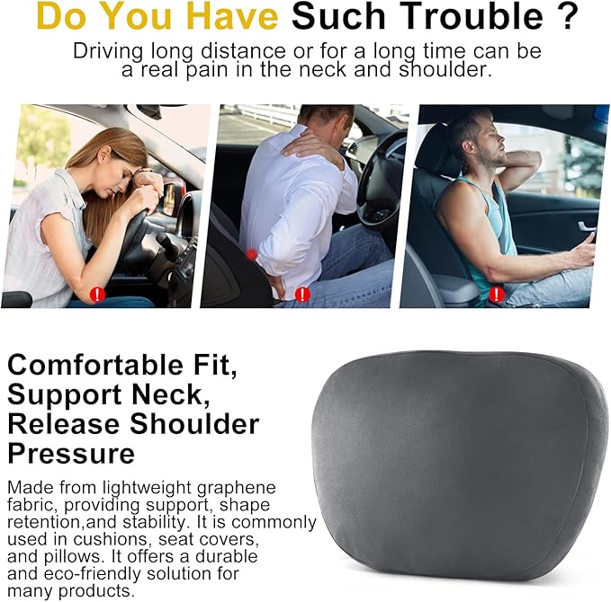 Upgrade Car Neck Pillow with Graphene Fabric Automotive Seat Cushions of Headrests for Relieving Neck Stiffness Seat Neck Support Pillow, Fits All Vehicles(Grey 2-Pack)