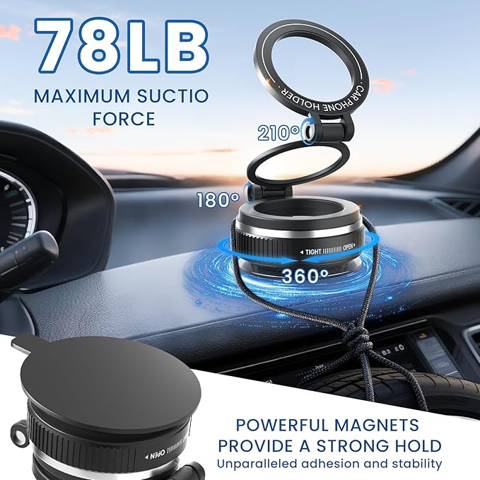 Magnetic Car Mount, [Ultra Strong Suction & Magnetic] 360° Adjustable Car Phone Holder, Vacuum Suction Cup Dashboard Mobile Stand for iPhone 17 16 15 14 13 12 Pro Max, Android and All Smartphones