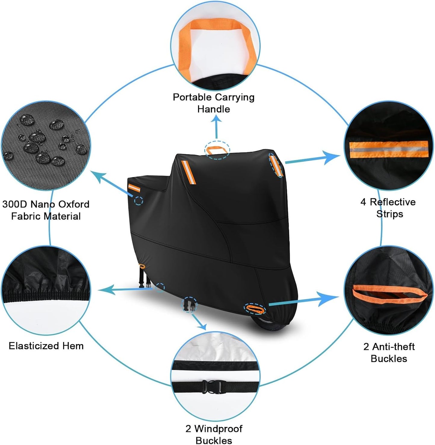 Motorbike Cover for Outside Storage, Waterproof Motorcycle Scooter Moped Cover Outdoor with 4 Reflective Strips and 2 Windproof Buckles, 2 Lock-Holes for Cruisers Sportbikes (2XL: 94 x 35 x 49 inch)