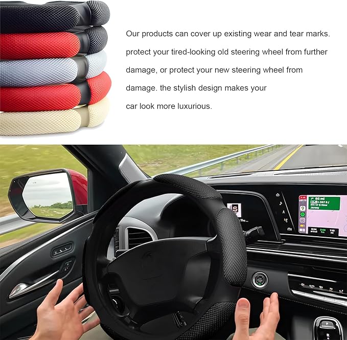 Car Steering Wheel Cover, 15" Breathable Ice Silk Auto Wheel Protector with Comfortable Grip, Anti-Slip Slip-on Steering Wheel Wrap Soft Hand Pad Cushion for Women Men (Black)