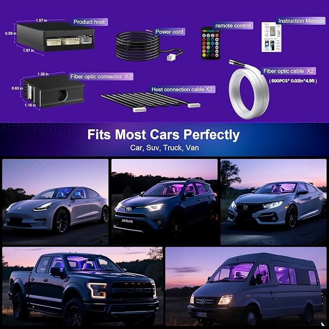 Starlight Headliner Kit Split Starlight Headliner 16W 600 Easiest Install Ambient Lighting Car Truck Home Theaters Lighting RGBW Twinkle 0.03in*9.8ft Starlights Headliner Kit