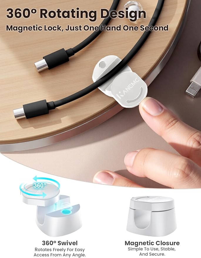 Kanemc Cable Clips Cord Holder for Desk, 360° Spin Magnetic Wire Organizer Self Adhesive Cord Management for Office Desks Cars Home Kitchen Electronic Accessory (White, 6 PCS)
